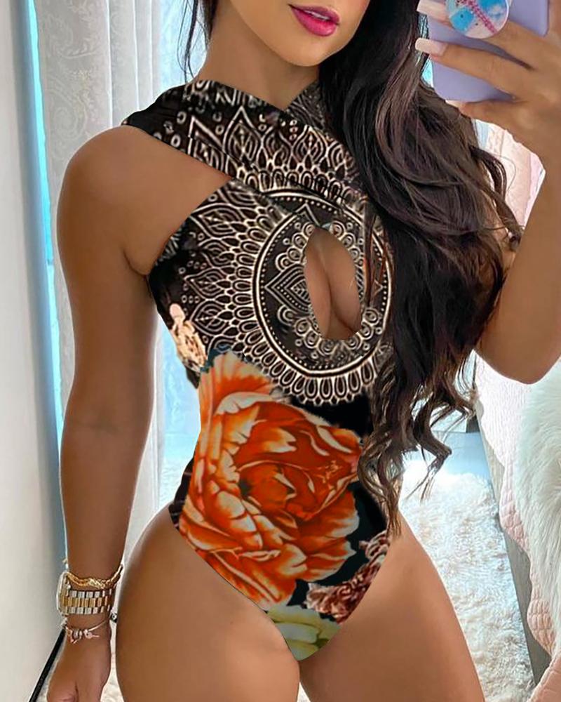 

Floral Graphic Print Cutout Halter One Piece Swimsuit, Black