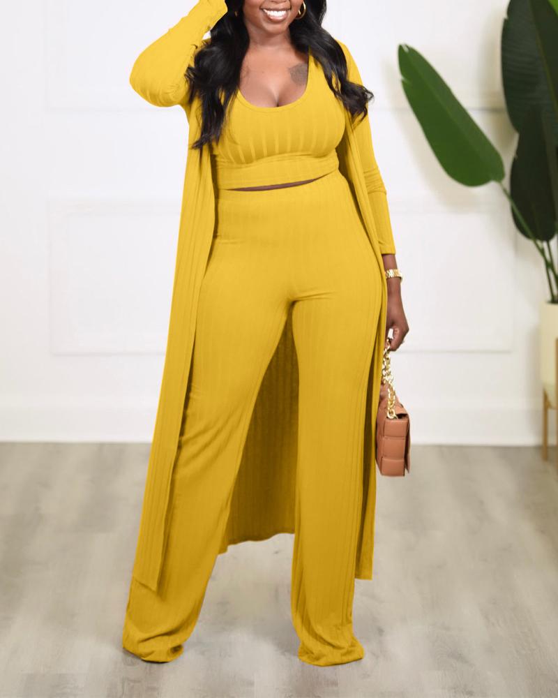 

3PCS Ribbed Tank Top & Pants Set With Longline Coat, Yellow