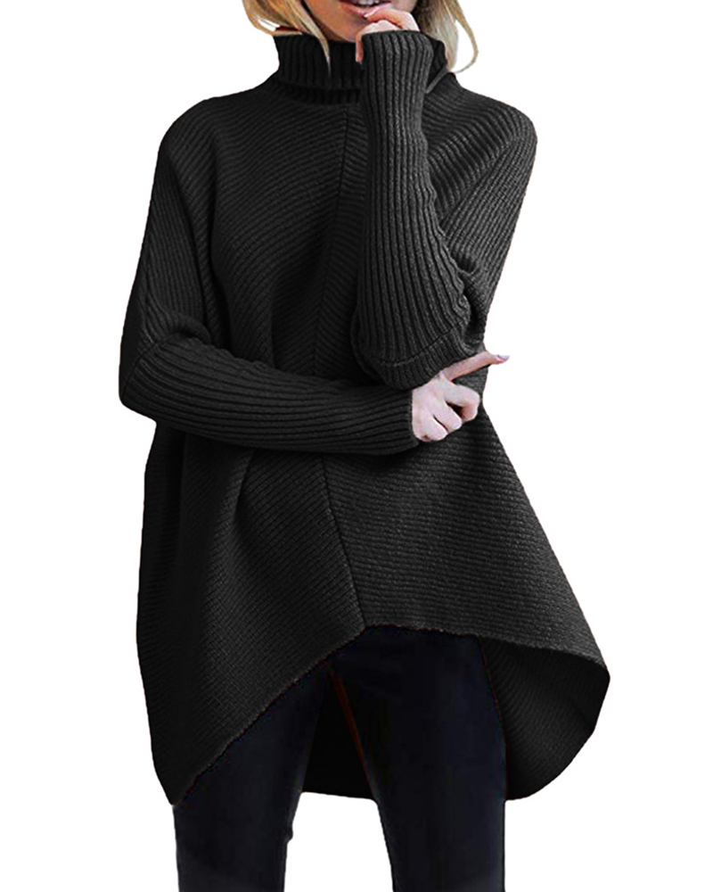 

High Neck Long Sleeve Knit Sweater, Black