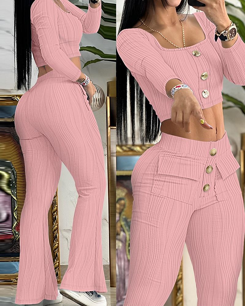 

Square Neck Buttoned Textured Top & Flared Pants Set, Pink
