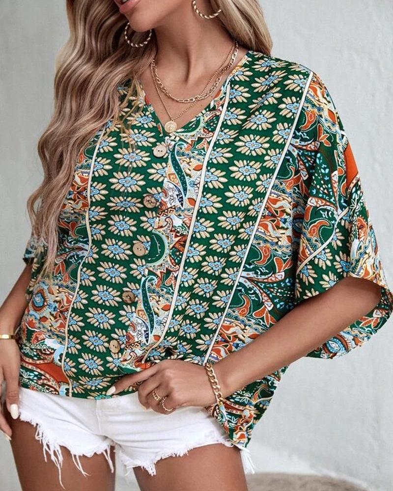 

Tribal Print Button Front Top, Green