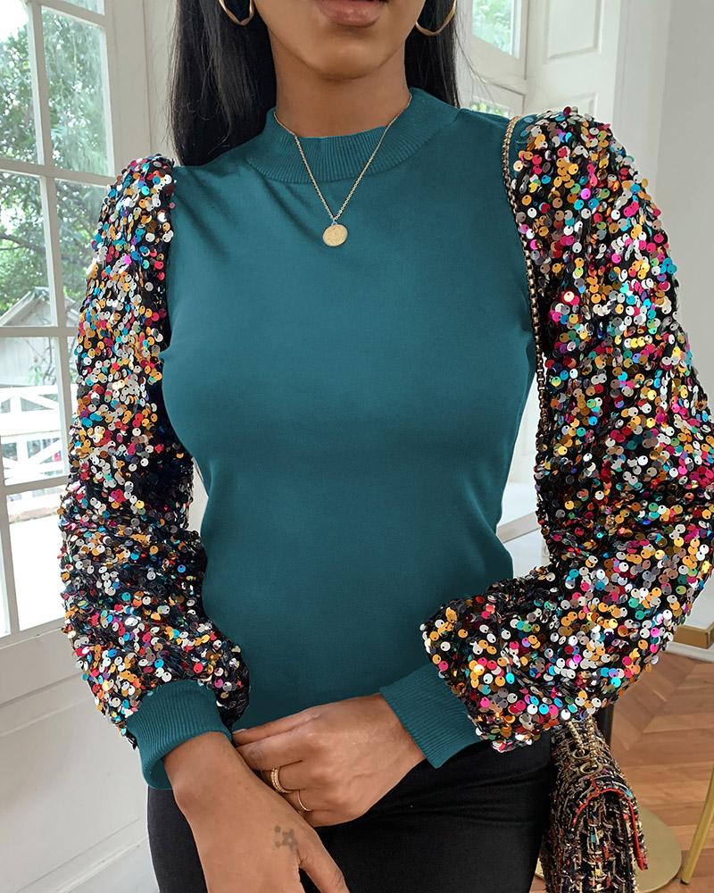 

Colorful Sequins Lantern Sleeve Top, Green