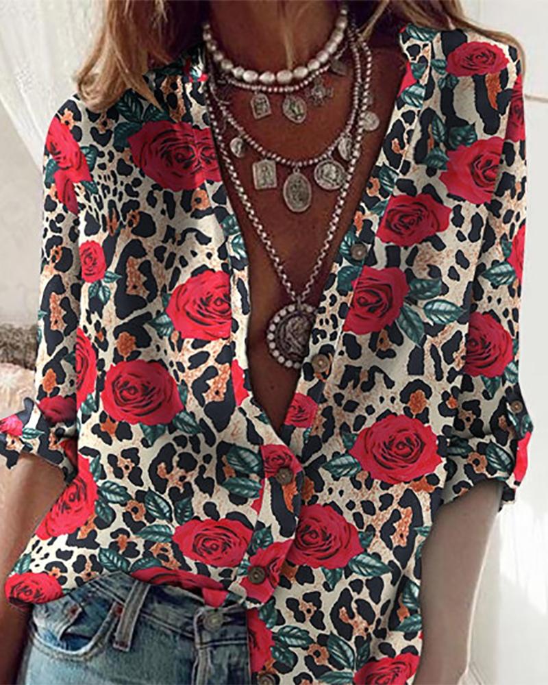 

Floral Print Button Design Long Sleeve Top, Khaki