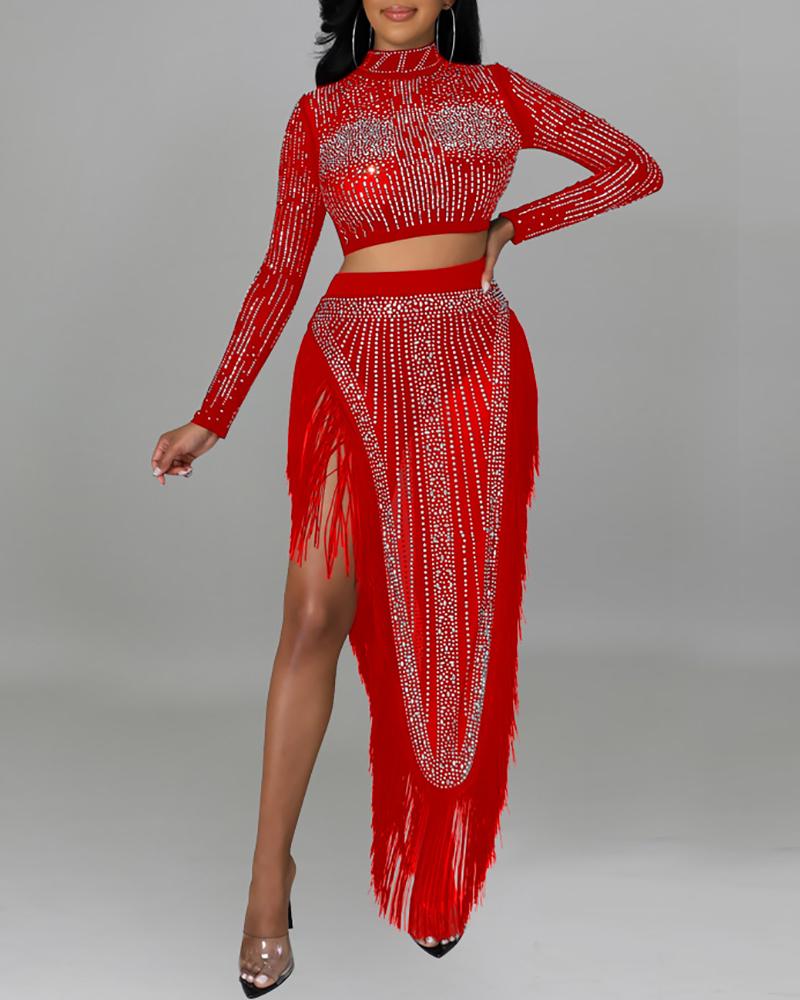 

Rhinestone Long Sleeve Top & Tassel Design Skirt Set, Red