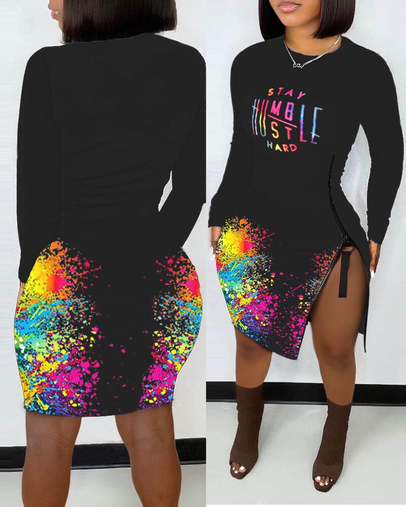 

Ink Splash Letter Print Zipper Detail Bodycon Dress, Black
