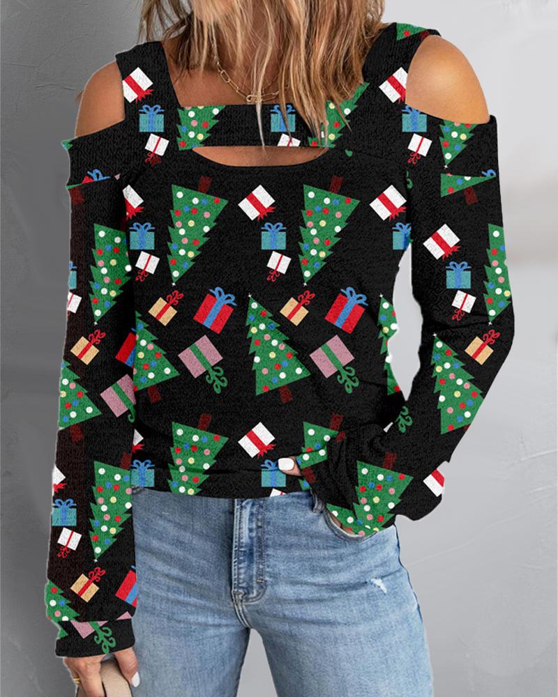 

Christmas Tree Gift Print Cold Shoulder Top, Black