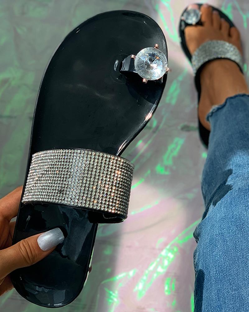 

Toe Ring Rhinestone Flat Sandals, Black