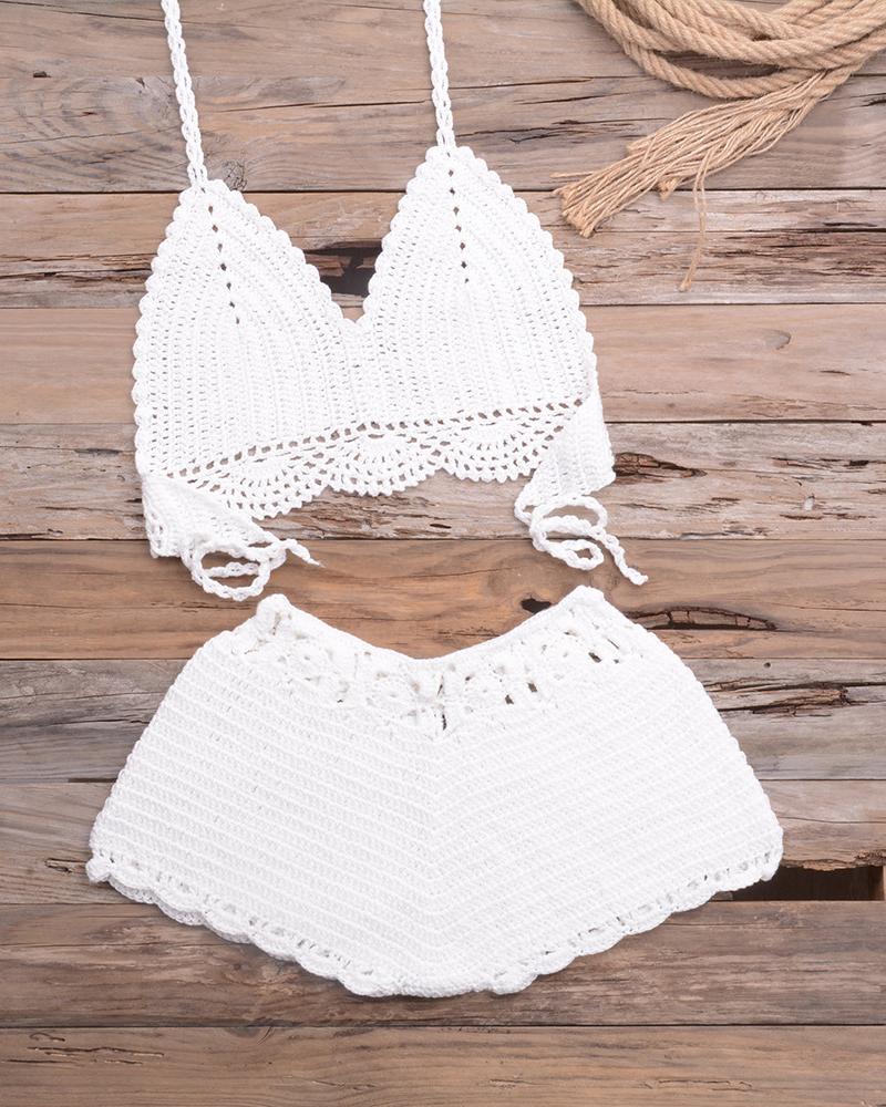 

Crochet Lace Halter Bikini Set, White