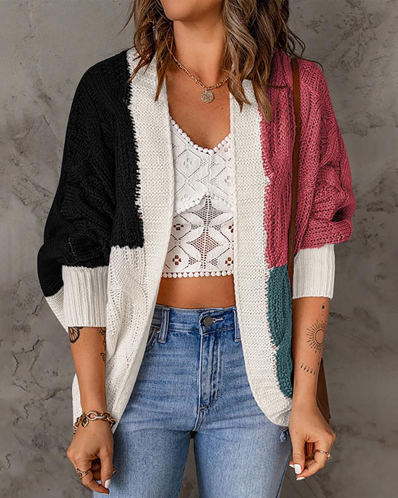 

Cable Knit Colorblock Long Sleeve Cardigan, Red