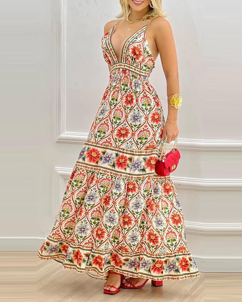 

Floral Print Plunging Neck Backless Maxi Dress, Multicolor