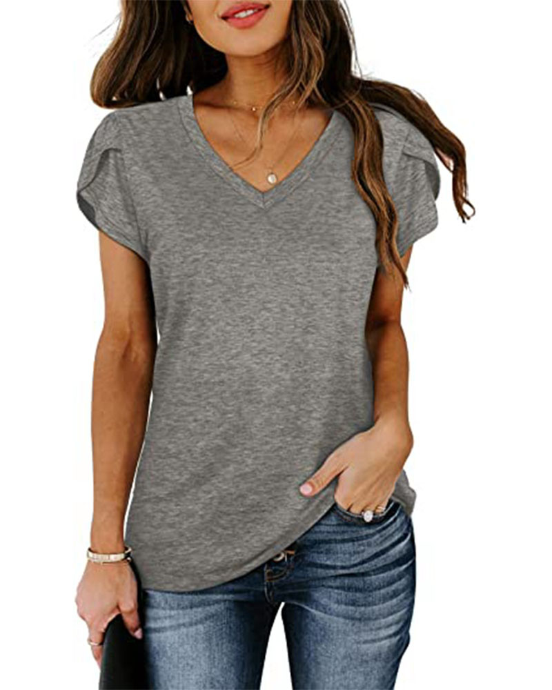 

Petal Short Sleeve V-Neck Casual T-shirt, Gray