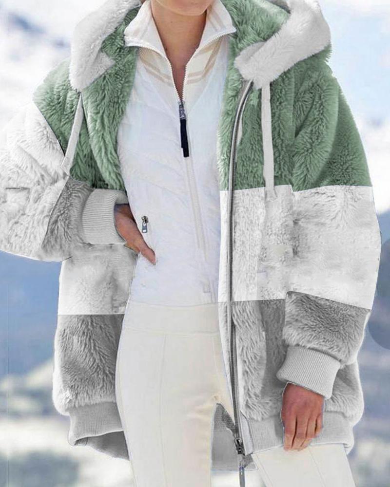 

Colorblock Long Sleeve Hooded Zip Up Teddy Coat, Green