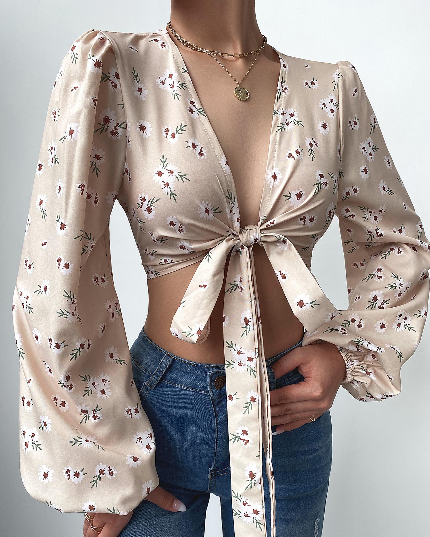 

Lantern Sleeve Floral Print Knotted Front Crop Top, Apricot