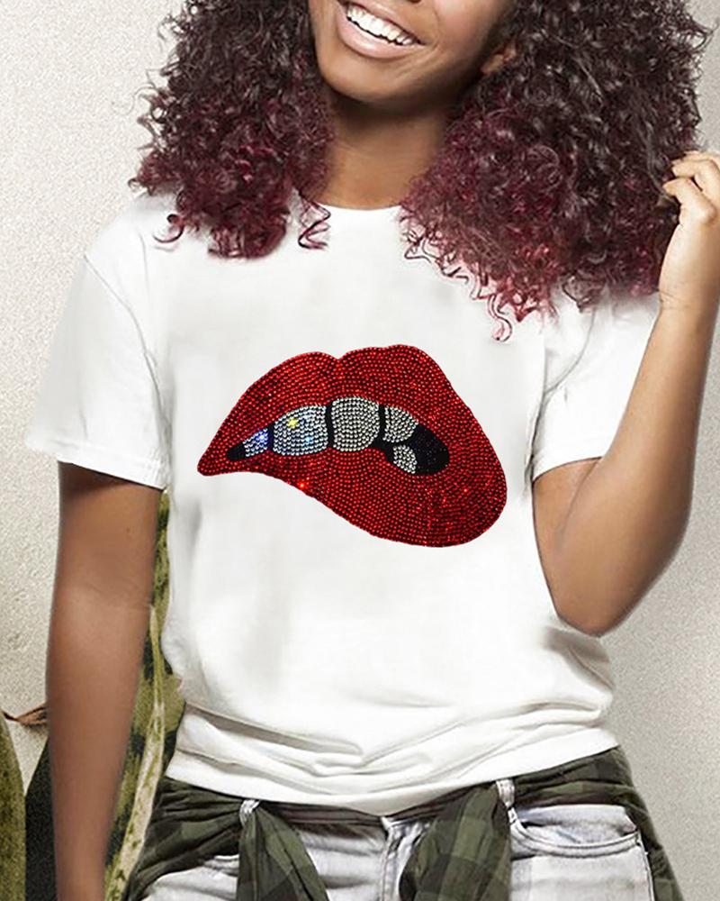 

Valentine' Day Rhinestone Lip Pattern Short Sleeve T-shirt, White