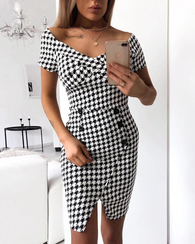 

Houndstooth Print V-Neck Buttoned Slit Work Dress, Black