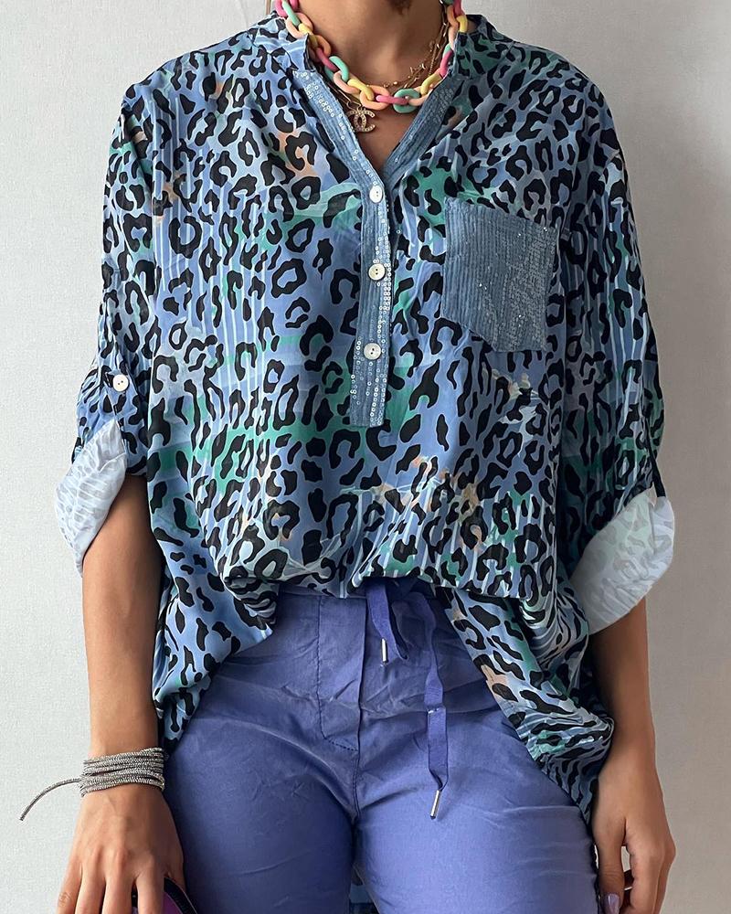 

Leopard Print Striped Contrast Sequin Buttoned Top, Blue