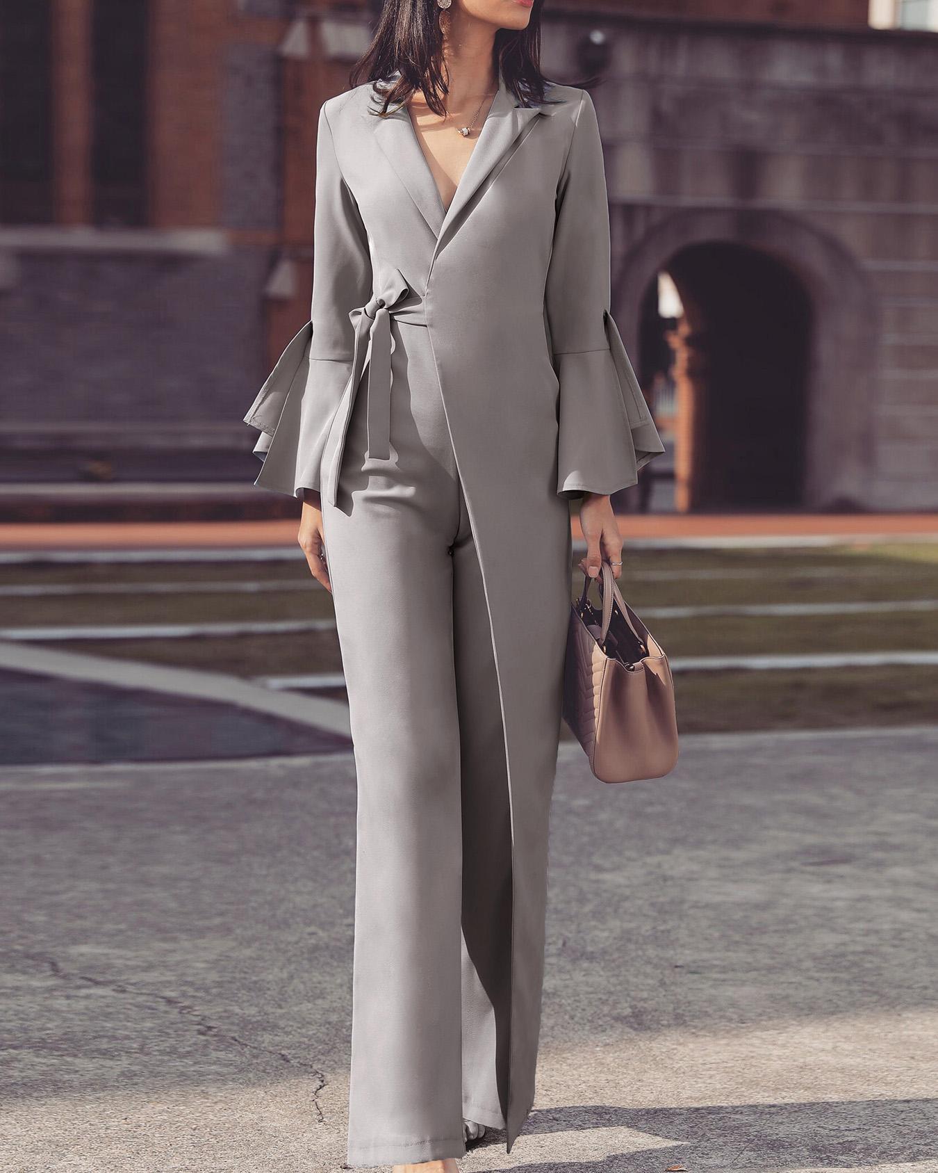 

Irregular Flared Sleeve Knot Side Wide Leg Jumpsuit, Light gray