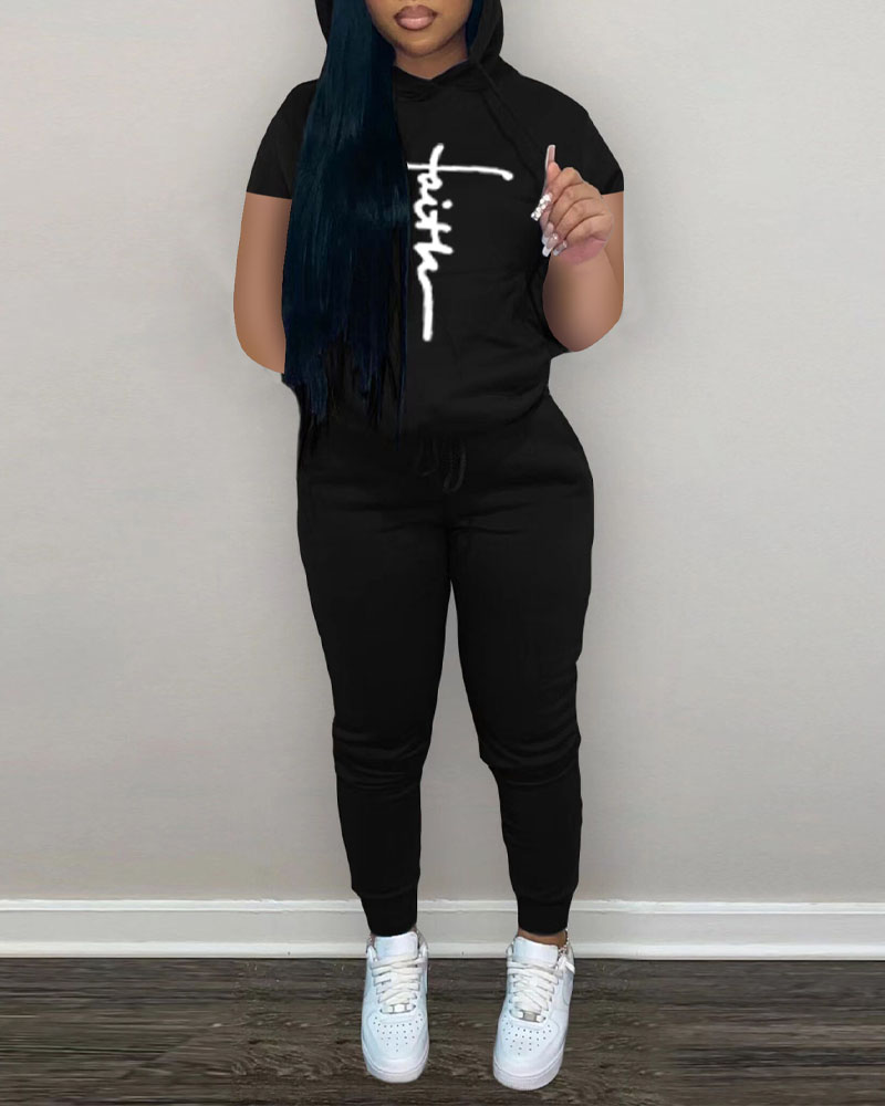 

Letter Print Hooded Top & Drawstring Pants Set, Black