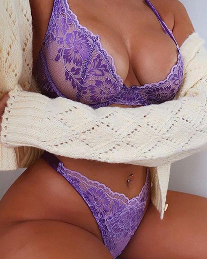 

Solid Lace Contrast Bra With Panties Sexy Sets, Purple