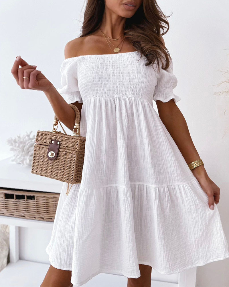 

Off Shoulder Shirred Flowy Swing Dress, White