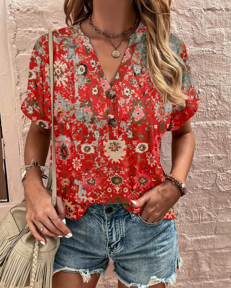 

Vintage Floral Pattern Print Casual Top, Red