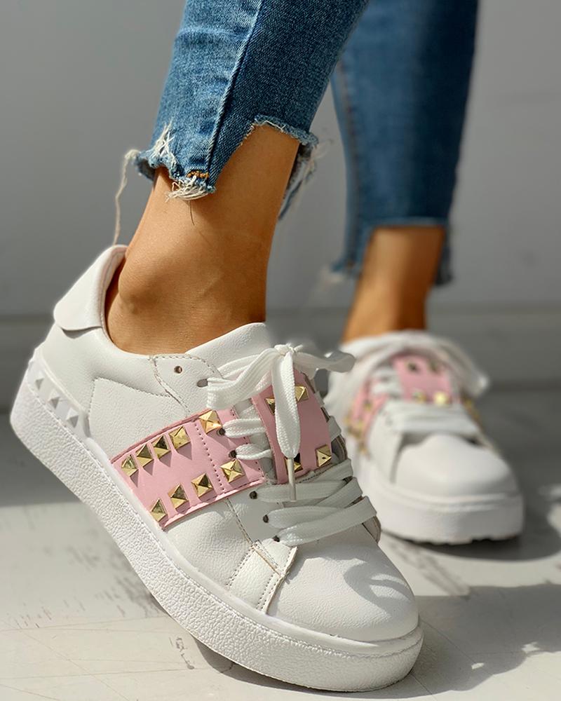 

Colorblock Studded Lace-Up Casual Sneakers, White