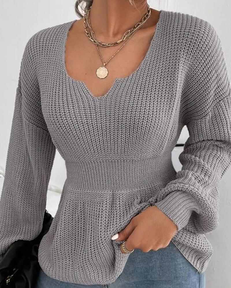 

Lantern Sleeve Chunky Knit Sweater, Gray