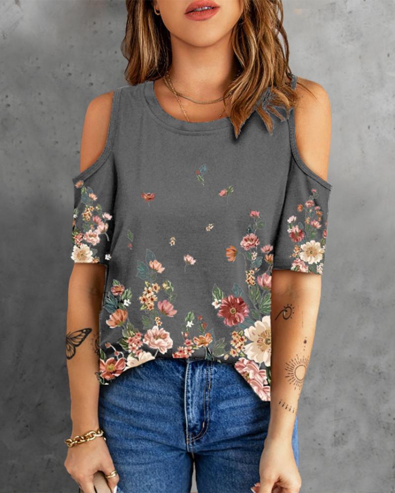 

Floral Print Cold Shoulder Top, Gray