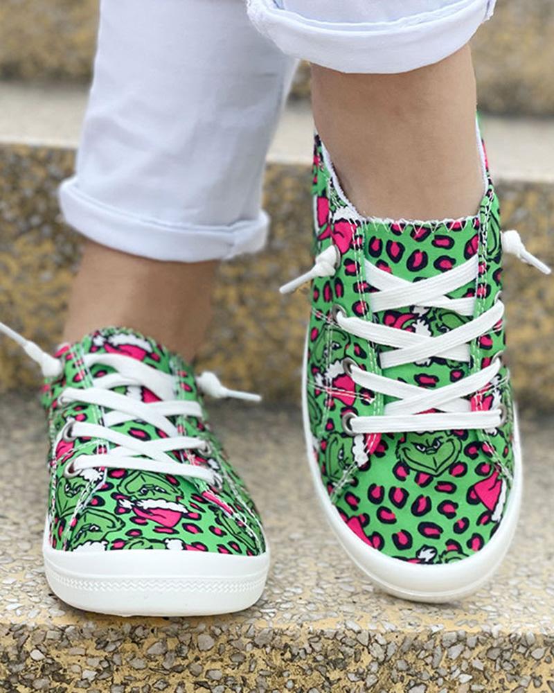 

Christmas Graphic Print Lace-up Canvas Slip-On, Green&hot pink