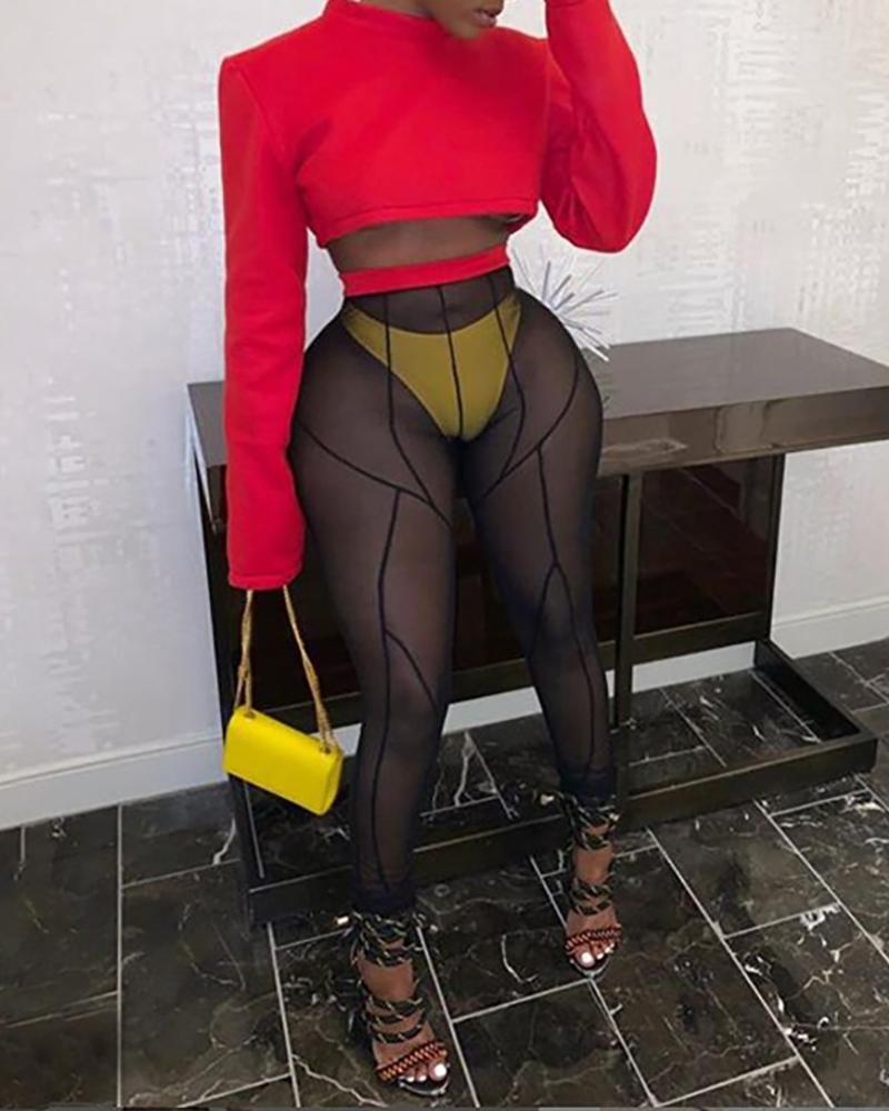 

Plain Long Sleeve Crop Top & Sheer Mesh Pants Set, Red