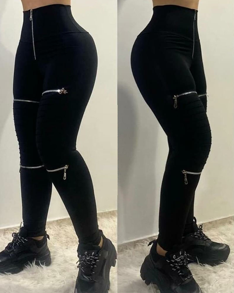 

High Waist Zipper Detail Skinny Pants, Black