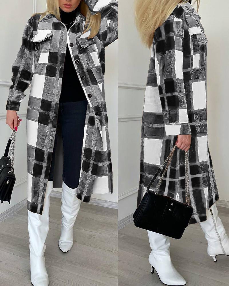 

Plaid Print Buttoned Longline Shacket, Black