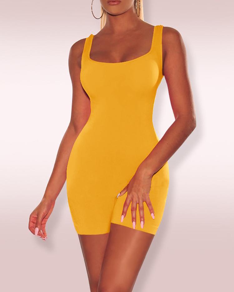 

Solid Thick Strap U-Neck Fitted Romper, Yellow