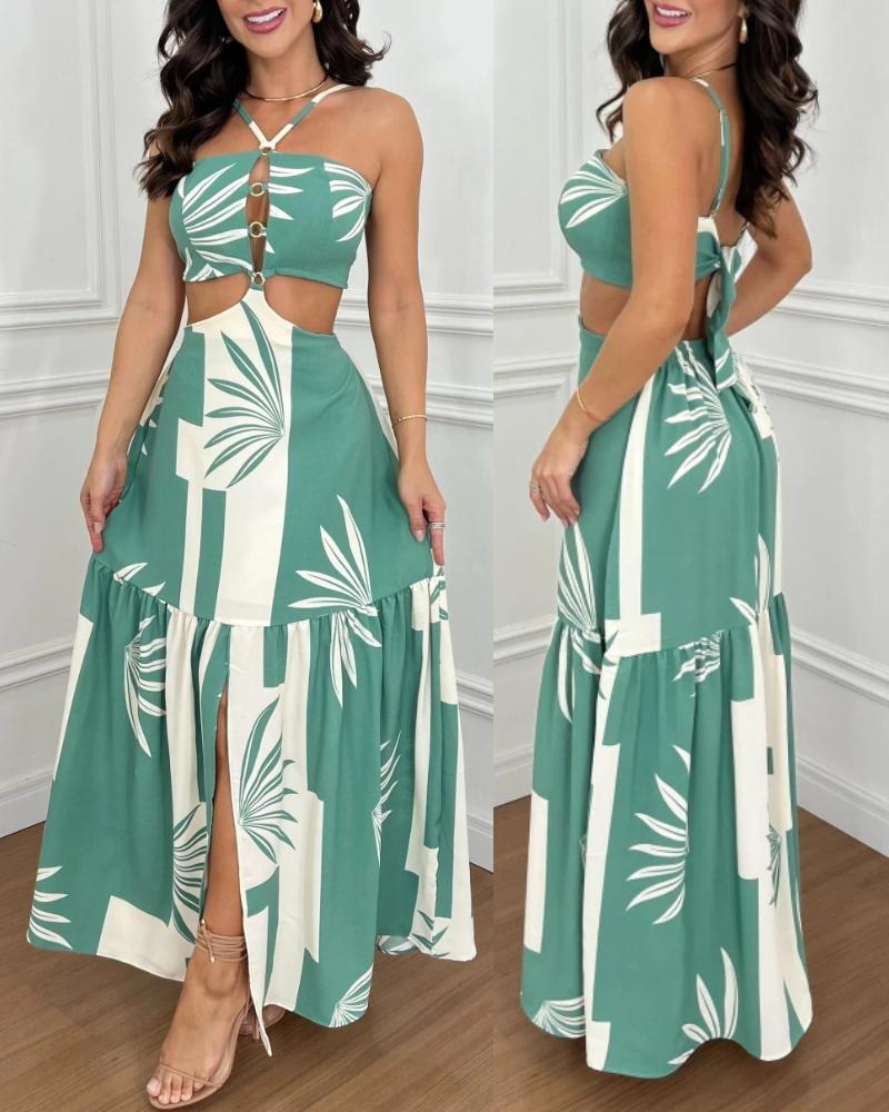 

Robe longue sexy à imprimé tropical colorblock avec découpe à la taille et col licou Robe décontractée à fente croisée, Green