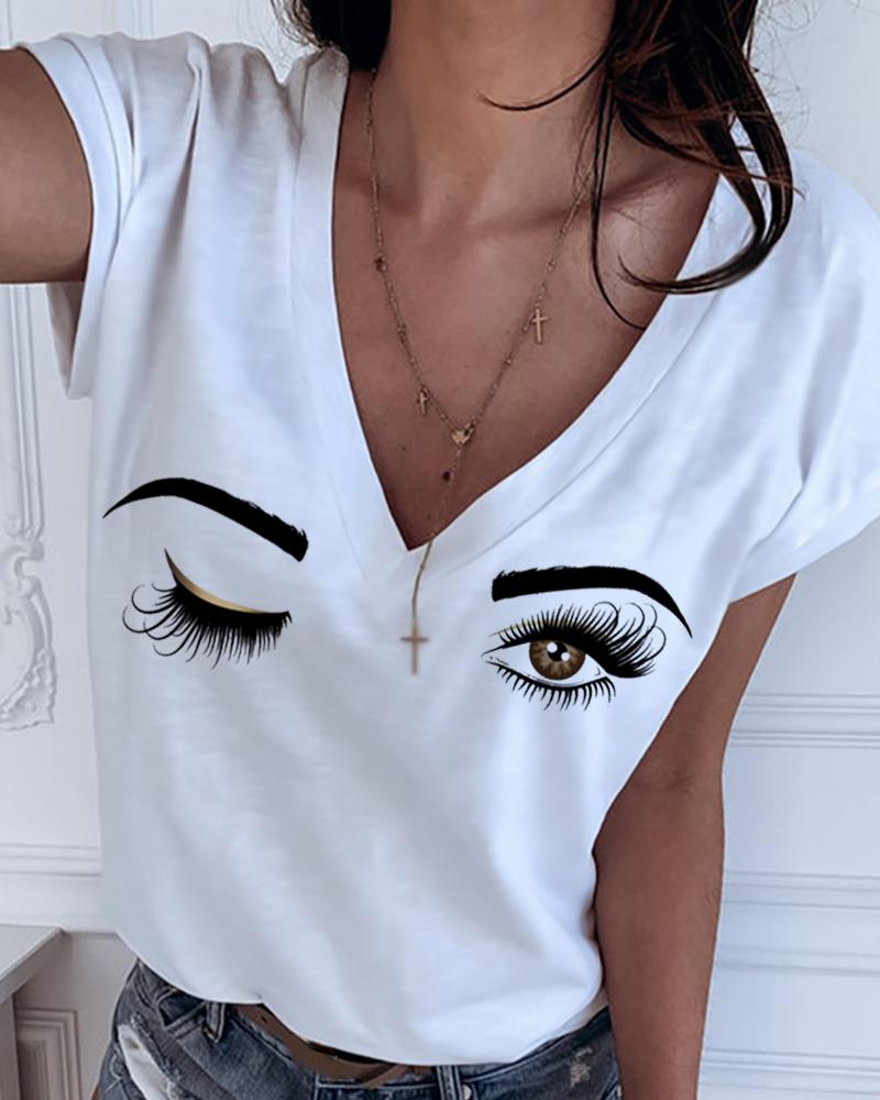 

Eyes Print V-Neck Short Sleeve T-shirt, White