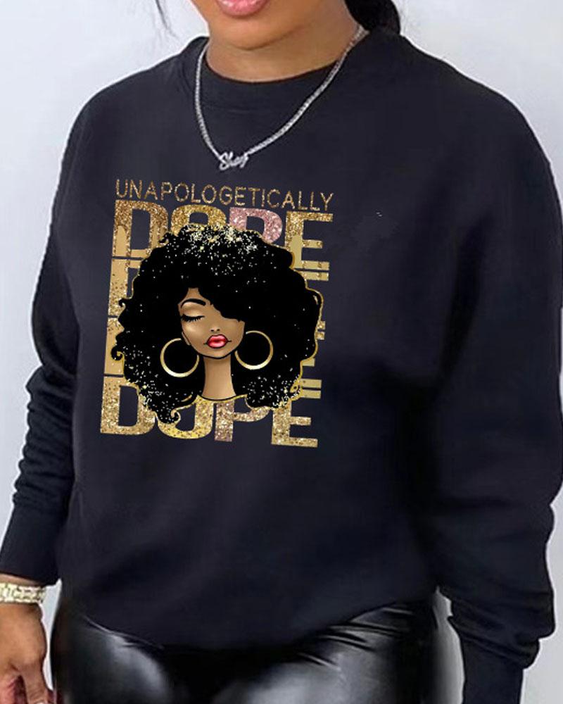 

Figure Letter Print Long Sleeve Sweatshirt, Black