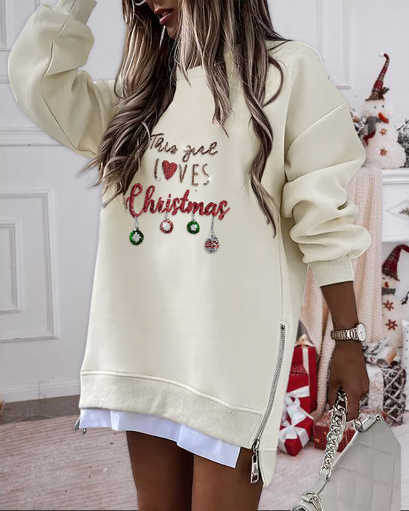 

Christmas Sequin Letter Pattern Zipper Design Sweatshirt Dress, Apricot