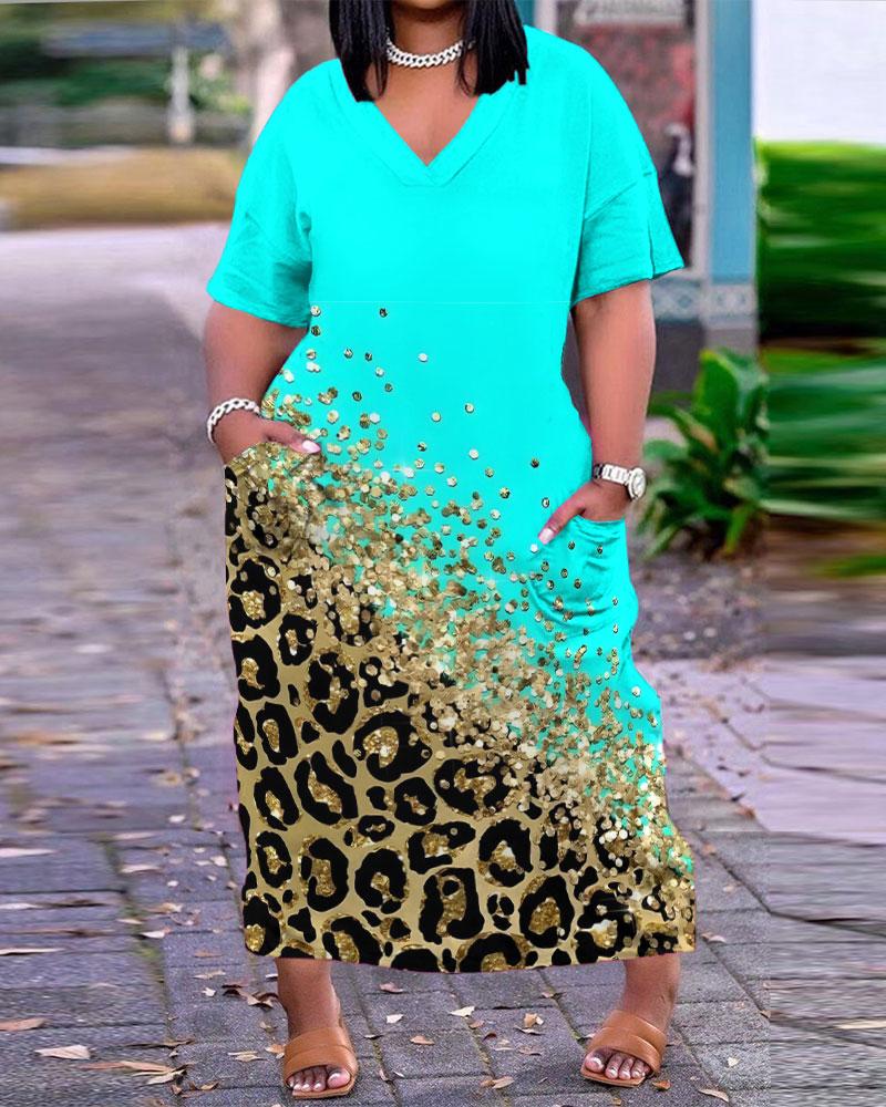 

Plus Size Contrast Leopard Print Pocket Design Casual Dress, Blue