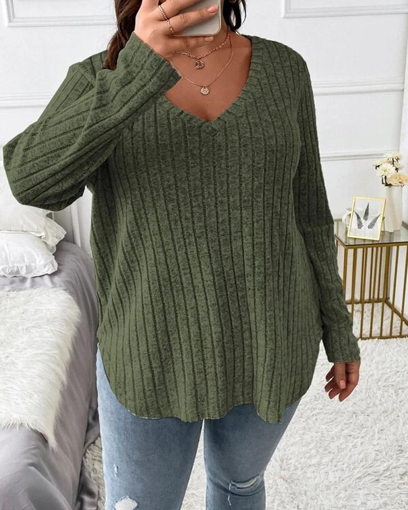 

Plus Size V-Neck Long Sleeve Ribbed Top, Army green