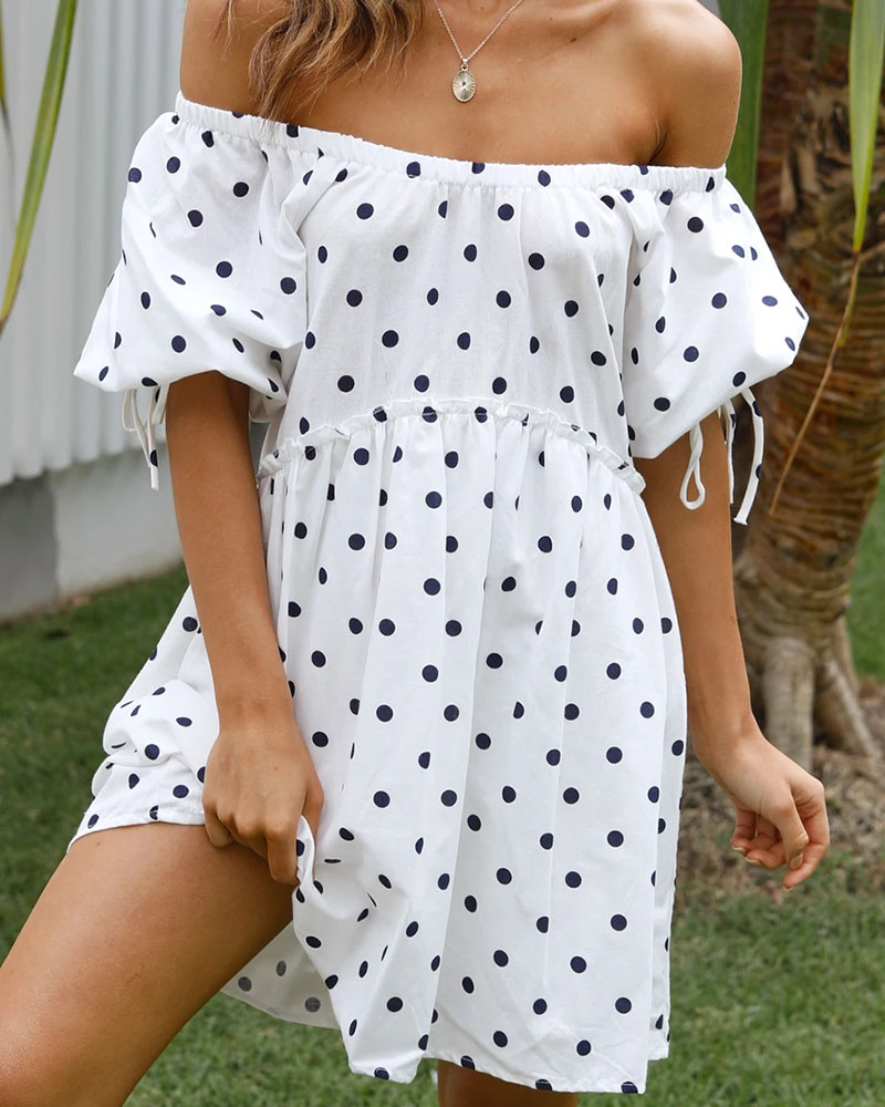 

Polka Dot Off Shoulder Short Sleeve Mini Dress, White