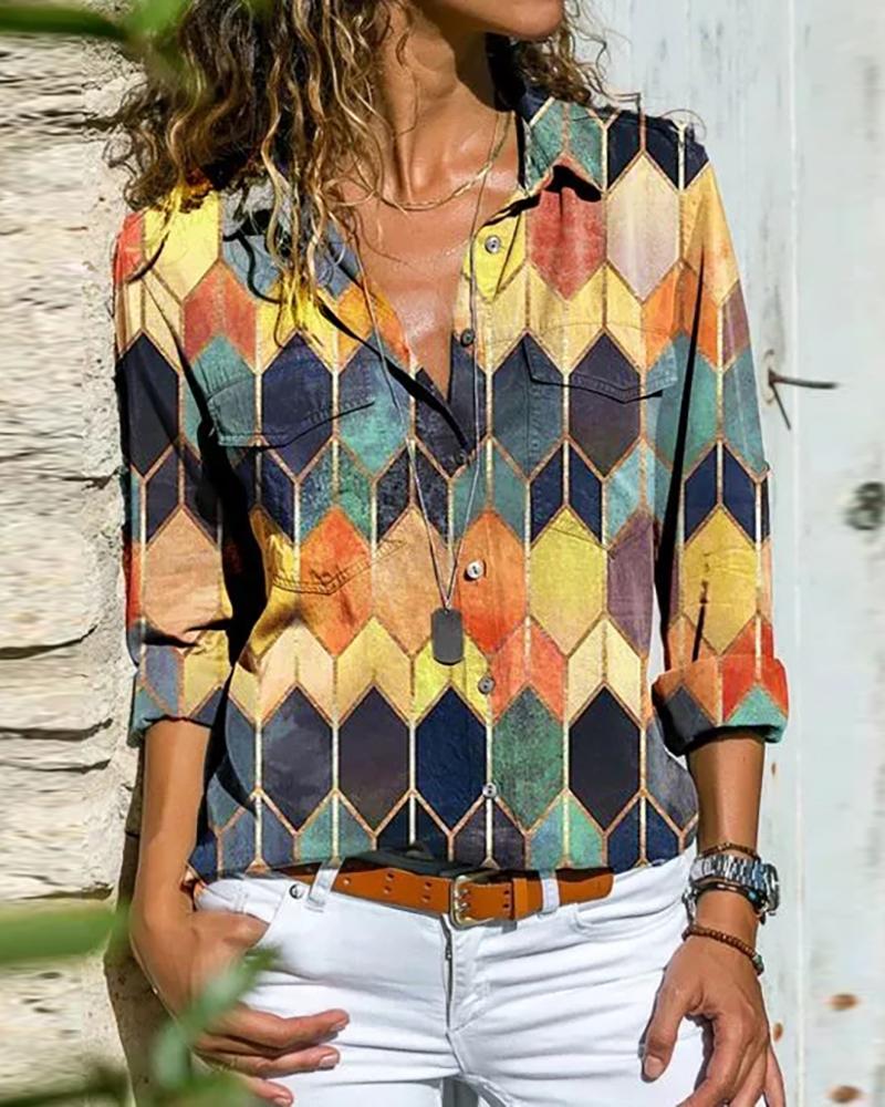 

Geo Print Colorblock Long Sleeve Shirt, Yellow