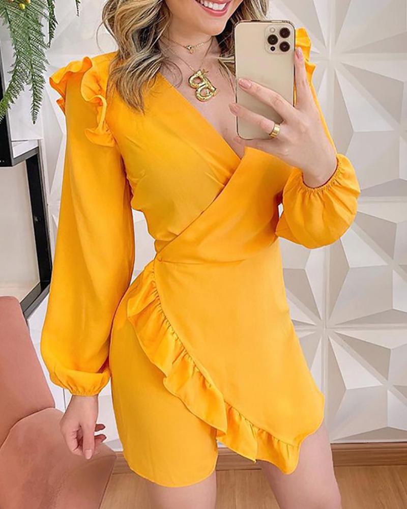 

Lantern Sleeve Ruffle Hem Romper, Yellow
