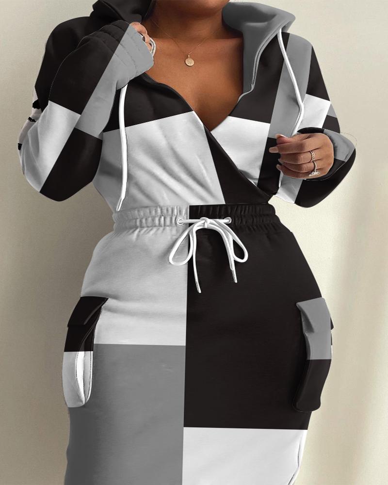 

Plus Size Geometric Print Drawstring Waist Sweatshirt Dress, Blackwhite
