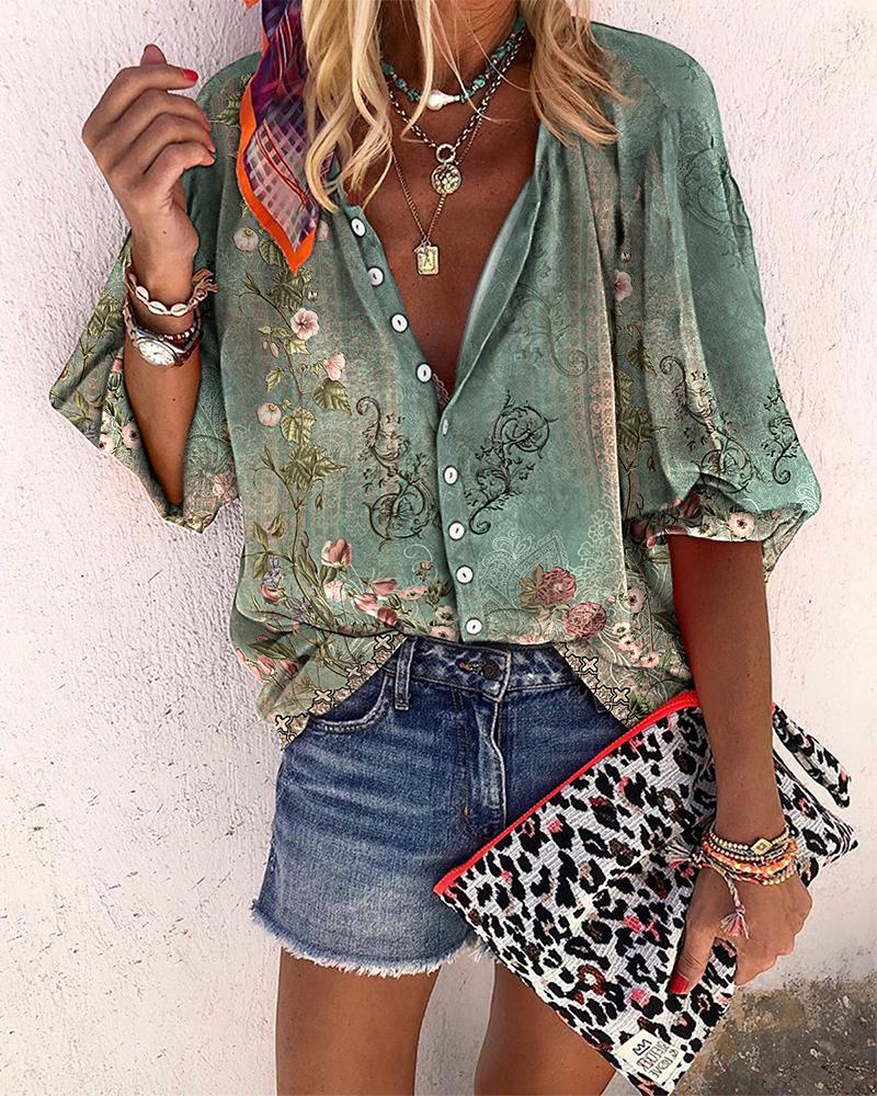 

Floral Tribal Print Buttoned Lantern Sleeve Top, Green