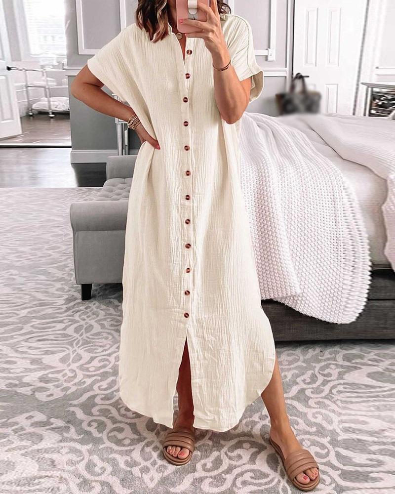 

Short Sleeve Buttoned Slit Casual Dress, Apricot