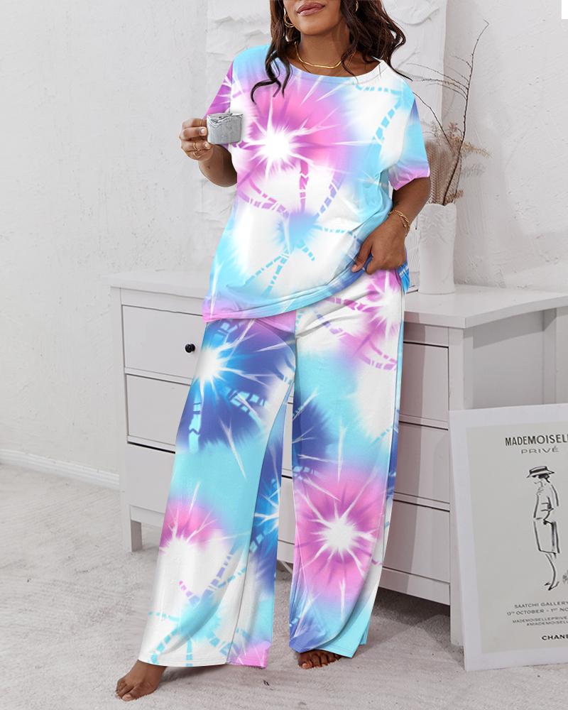 

Plus Size Tie Dye Print Wide Leg Pajamas Set, Multicolor