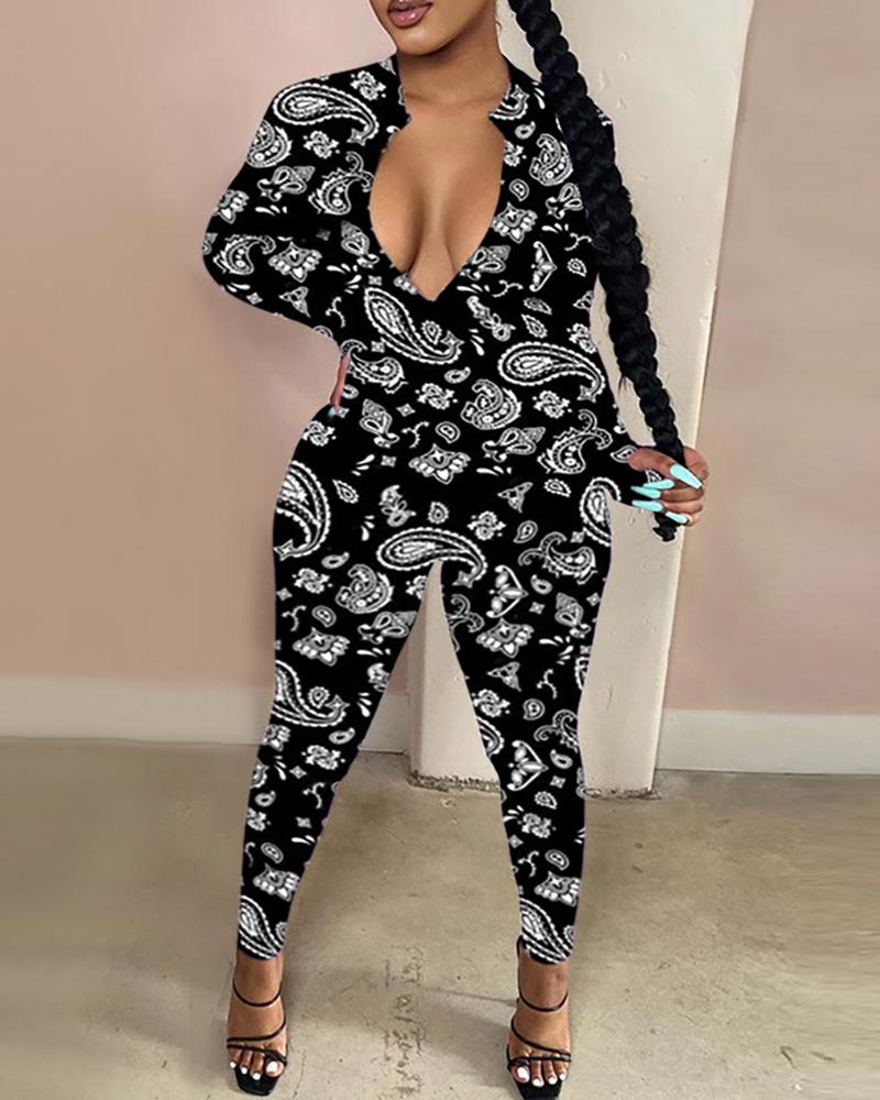 

Paisley Print Plunge Long Sleeve Jumpsuit, Black