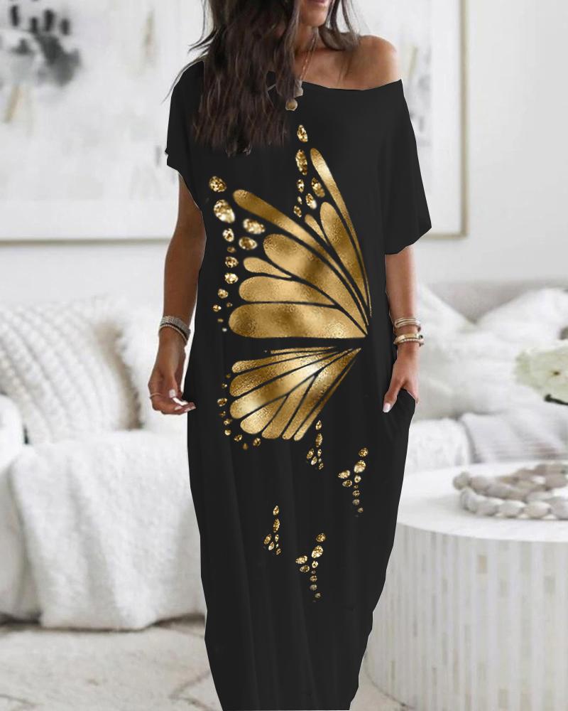 

Metallic Butterfly Pattern Pocket Detail Maxi Dress, Black