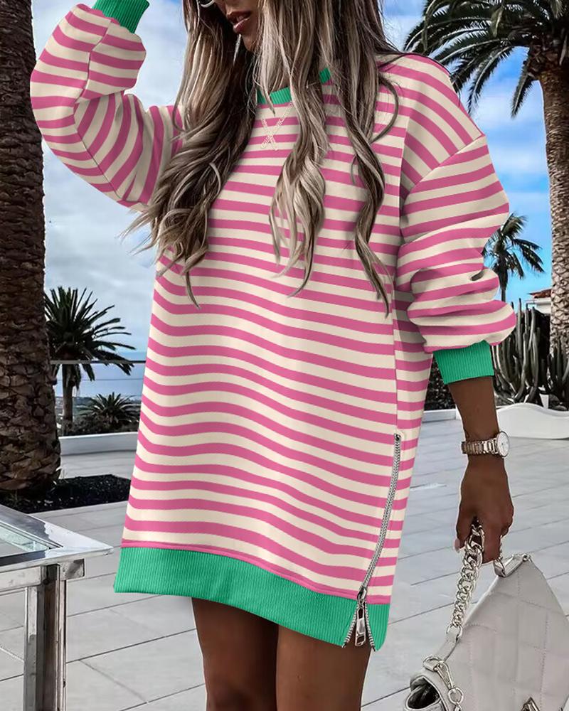 

Striped Colorblock Oversized Sweatshirt Long Sleeve Crewneck Side Zipper Design Casual Dress, Pink