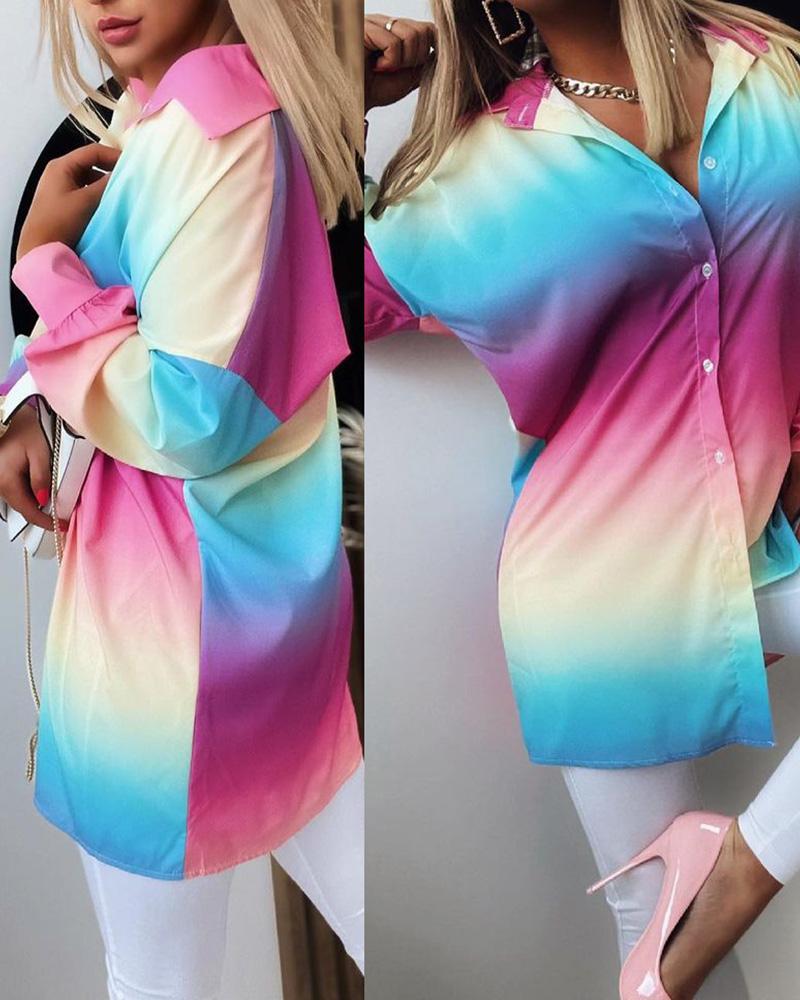 

Colorblock Button Front Long Sleeve Shirt, Hot pink
